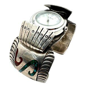 Native American Inlay Turquoise Coral Sterling Silver Watch Cuff 86 Grams